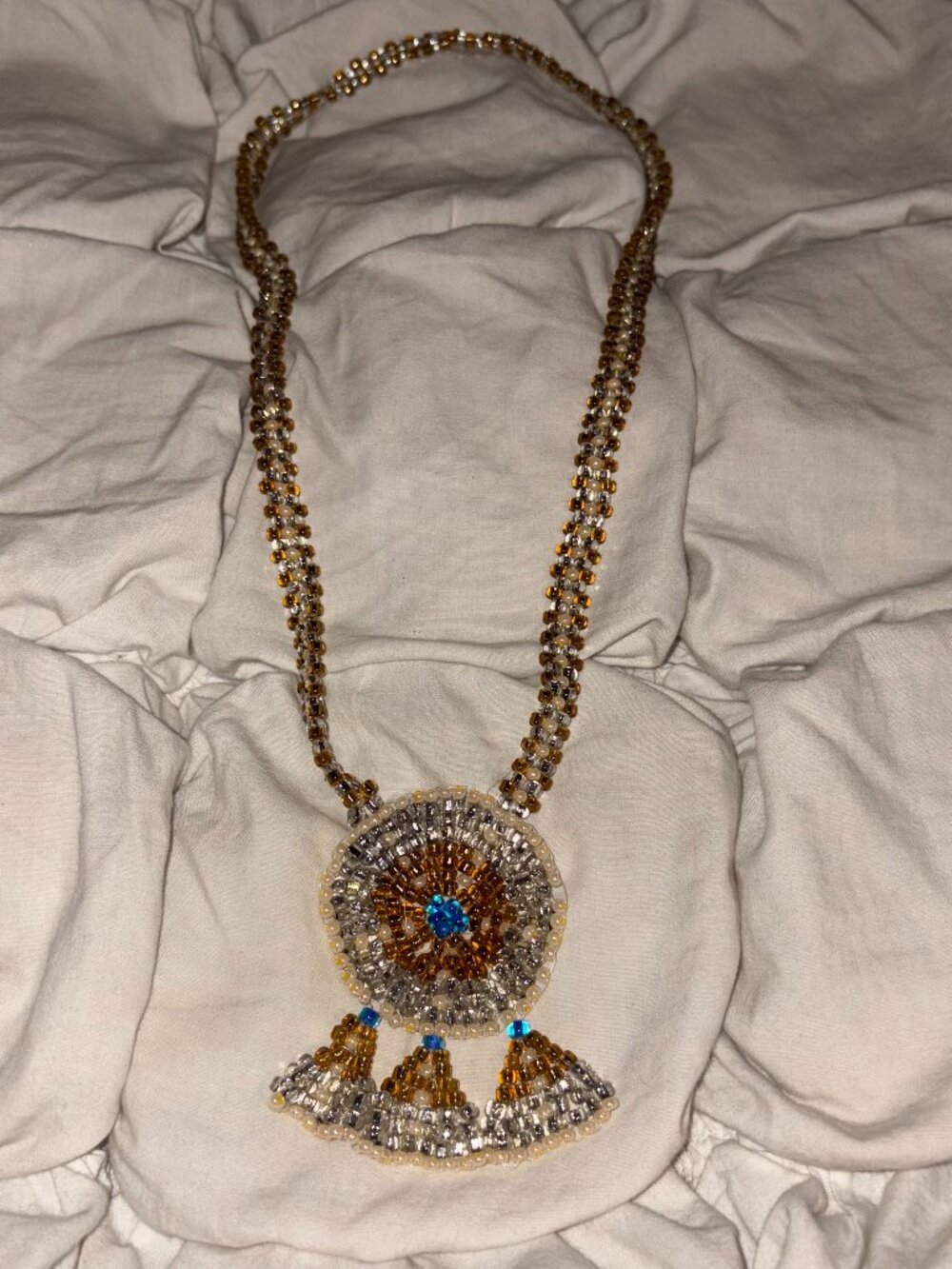 Artisan Hand-Woven Amber & Silver Beaded Tassel Medallion Necklace